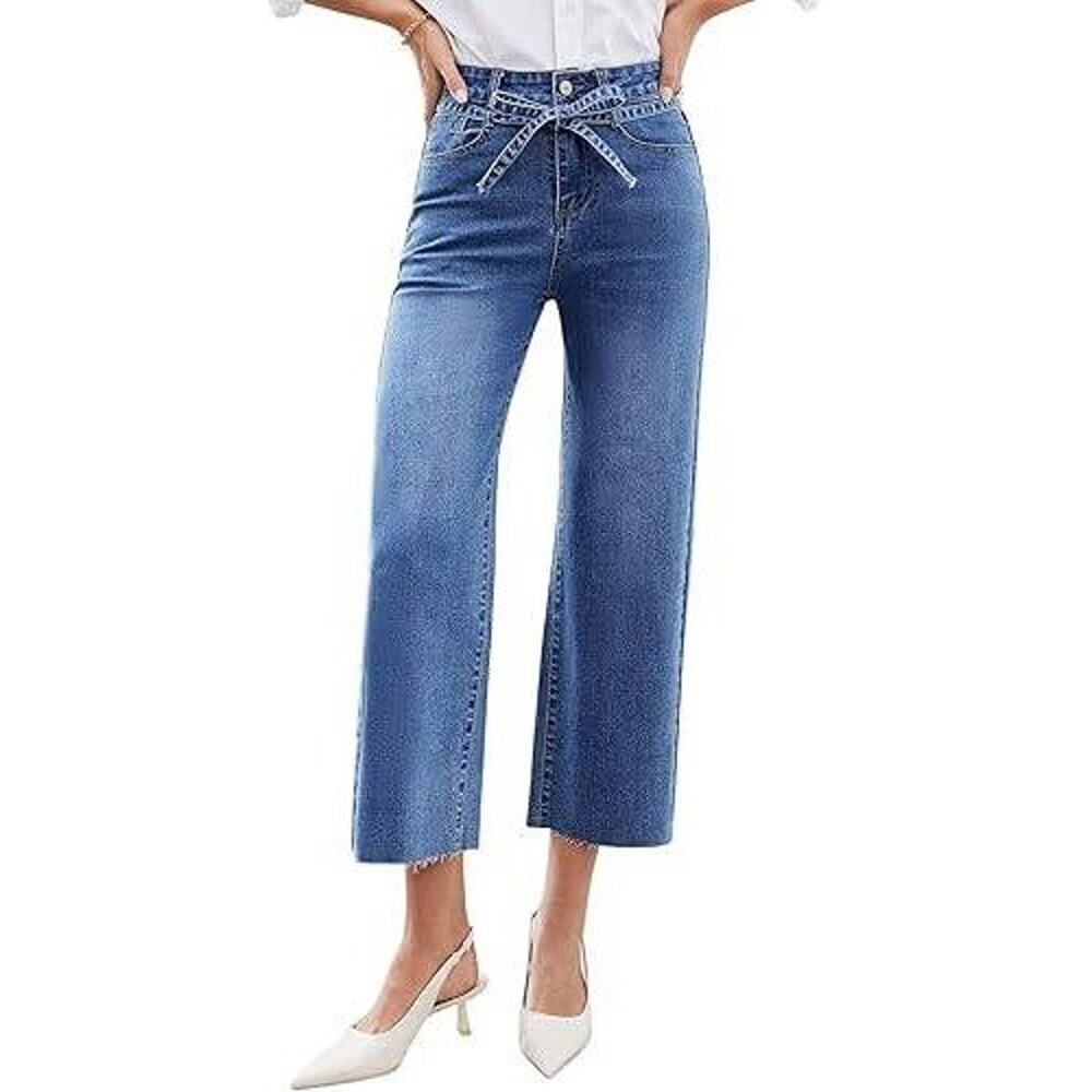 Allimy Wide Leg Cropped Jeans Blue Raw Hem Tie Waist Light Wash‎ Womens 10 NWT